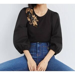 VERONICA BEARD franchi embellished applique top in black puff sleeve size small